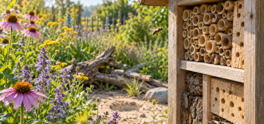 Leeres Insektenhotel in einem naturnahen Garten mit anfliegender Wildbiene