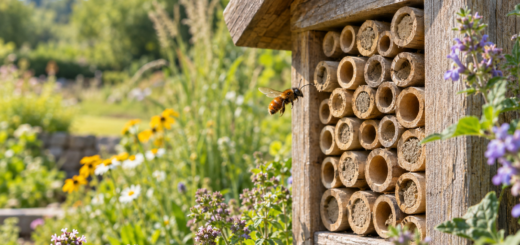 Wildbienen-Insektenhotel mit Roter Mauerbiene im naturnahen Garten