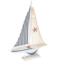 Artikel Deko Segelboot Holz Muscheln Weiß Blau L26,5cm H37cm