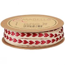 Artikel Dekoband mit roten Herzen Geschenkband Beige 10mm 15m
