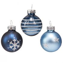 Artikel Glas Christbaumkugeln Blau Silber Dekor Mini Ø3cm 9 St