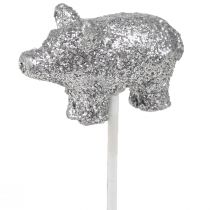 Artikel Glücksschwein Silvester Glücksbringer am Stab Silbern 3cm 6St