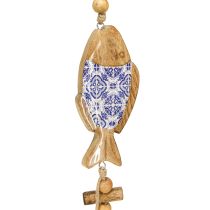 Artikel Holzfisch zum Hängen Glocke Natur Blau Weiß H46cm