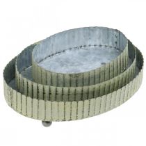 Artikel Tablett zum Dekorieren, Kerzentablett oval, Metalldeko Silbern, Grün Shabby Chic L25/22/18cm H6cm 3er-Set