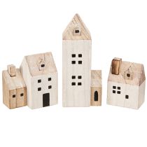 Artikel Mini Weihnachtsdorf Holz Deko Weiß Natur H13/7cm 6 St