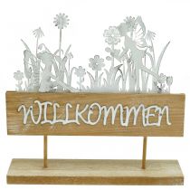 Artikel Willkommenschild, Aufsteller mit Elfen, Frühlingsdeko aus Metall, Holz Natur, Weiß L28,5cm H27,5cm