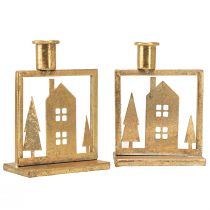 Artikel Stabkerzenhalter Weihnachten Häuschen Antik Gold Optik 10×6×14cm 2St
