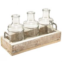 Artikel Flaschen Deko Glas mit Holz Tablett Vintage 24x9,5x14cm