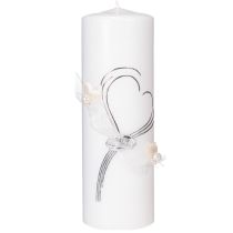 Artikel Festliche Hochzeitskerze mit stilvollem Herz-Design, Silberverzierungen und Organza-Band – Ideal für Hochzeit und Silberhochzeit, 230/80mm