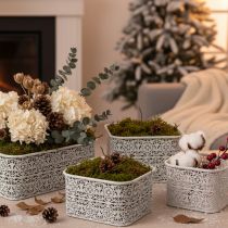 Artikel Metallschalen Spitzenmuster, Dekogefäß Eckig, Shabby Chic, Weiß 27/23/19cm H13,5cm 3er-Set