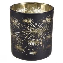 Artikel Elegantes Glas-Windlicht mit Feuerwerksdesign – Schwarz und Gold, 9 cm – Ideale Dekoration für festliche Anlässe – 6St