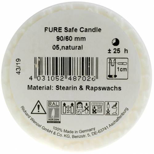 Artikel PURE Nature Safe Candle Stumpenkerze Stearin, Rapswachs 90/60mm Weiß 1 St