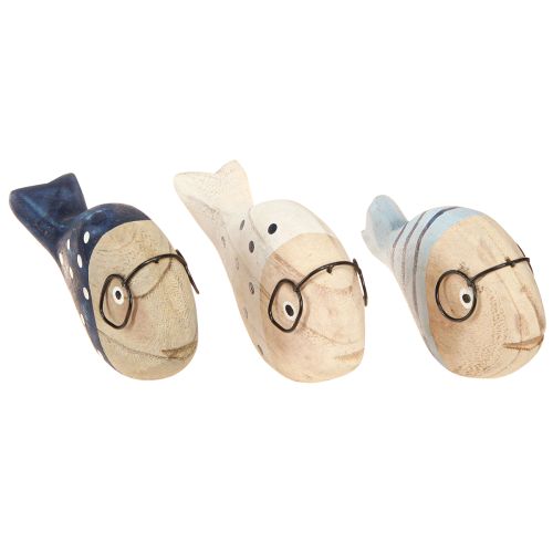 Floristik24 Deko Fisch mit Brille Natur Weiß Blau Holz 11–13cm 4 St