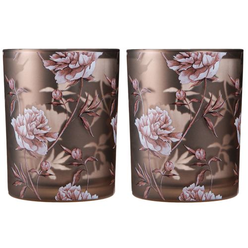 Artikel Deko Glas Windlicht Pfingstrosen Silber Braun H12,5cm 2 St