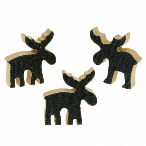 Floristik24 Weihnachtliche Streudeko Elch Holz Schwarz Glitzer 5×5,5cm 12 St
