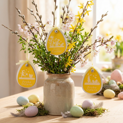 Artikel Deko-Ostereier zum Hängen Weiß, Gelb Holz Osterdeko Frühlingsdeko 6St