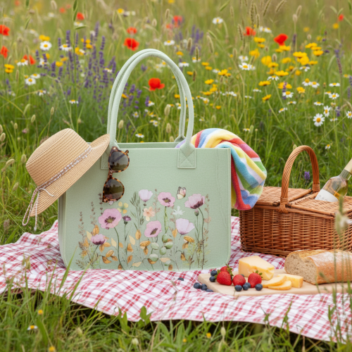 Artikel Filz Tasche mit floralem Motiv ideal für Deko mit Kunstblumen und Geschenkideen 38cm