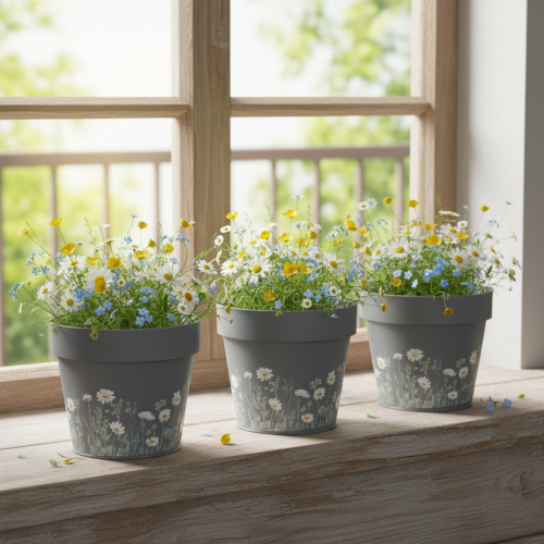 Artikel Blumentopf mit zarten Wiesenblumen Design praktischer Einsatz auf Balkon oder Terrasse 15cm 3St