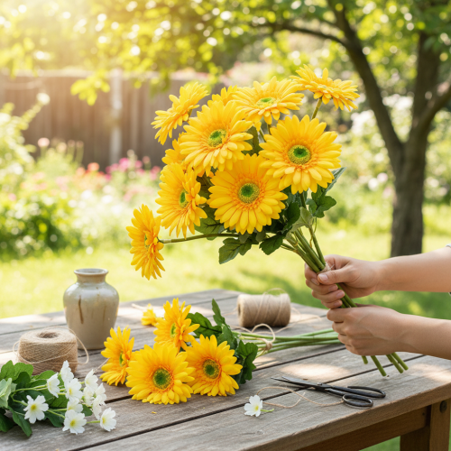 Artikel Künstliche Blumen Gerbera Sonnengelb Gartenblume 47cm