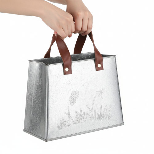 Artikel Deko Tasche Silber Weiß Braun Metall Pflanztopf L22cm 2St