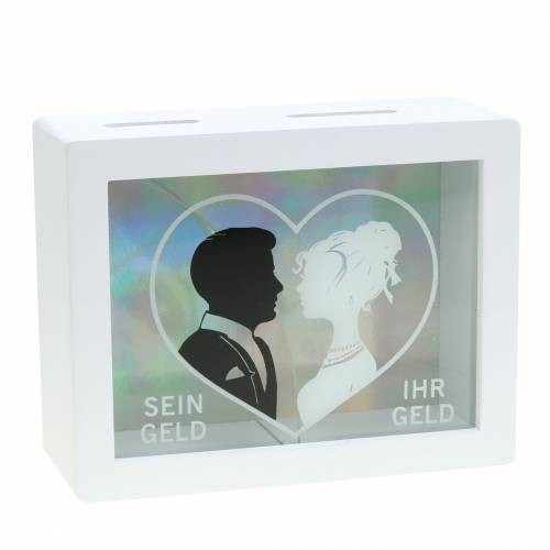 Spardose Mann und Frau Holz Glas Weiß 18x7cm H14cm