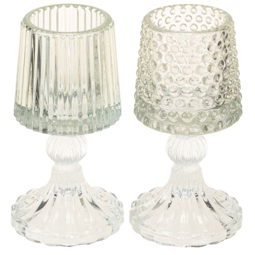 Glas Teelichthalter mit Fuß Punkte und Rillen H15cm 2St