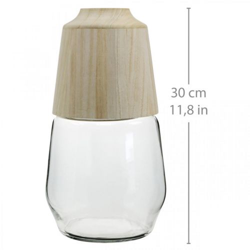 Artikel Glasvase mit Holz Deko Vase Blumenvase Klar H30cm
