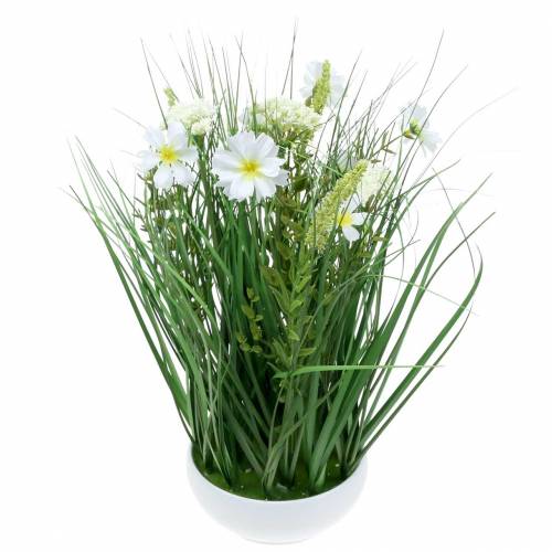 Artikel Deko Gras mit Cosmea-Blüten in Schale H45cm