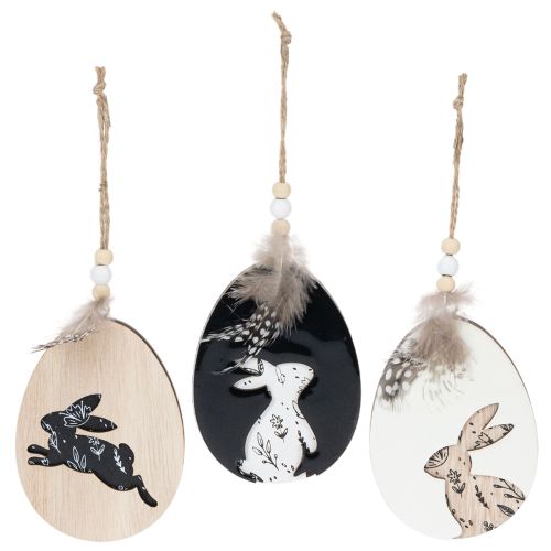 Hase im Ei Holz Ostereier zum Hängen Weiß Schwarz 10cm 6 St