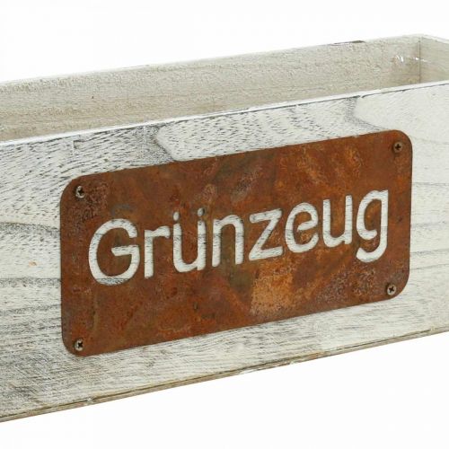 Artikel Pflanzkasten “Grünzeug”, Übertopf, Gartendeko aus Holz Weiß gewaschen, Edelrost L35cm H12cm