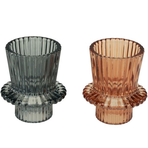Artikel Kerzenhalter Glas Kerzenständer Grau Braun H6,5cm 2St