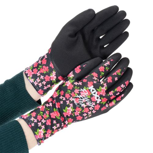 Kixx Gartenhandschuhe Schwarz Rosa Blüten Größe 8 | Floristik24.de