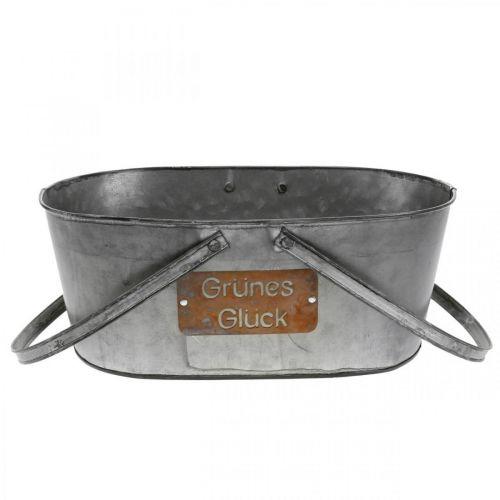 Artikel Pflanzkorb “Grünes Glück”, Metalldeko zum Bepflanzen, Gartendeko Silbern, Edelrost L40cm H15cm