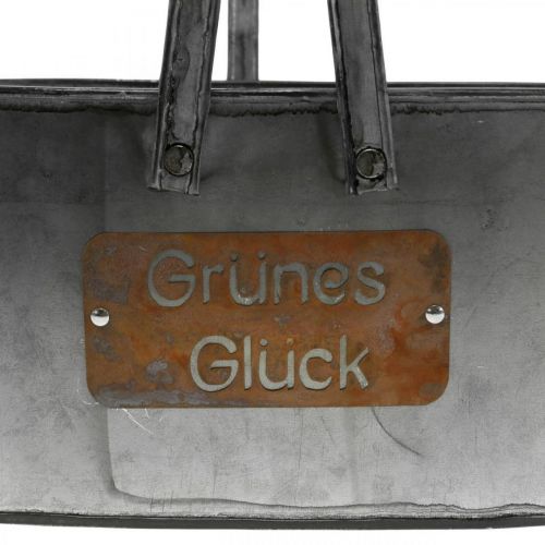 Artikel Pflanzkorb “Grünes Glück”, Metalldeko zum Bepflanzen, Gartendeko Silbern, Edelrost L40cm H15cm