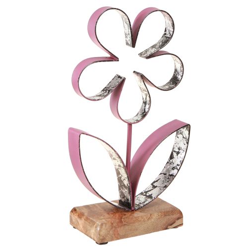 Artikel Metall Deko Blume auf Holz Sockel Altrosa Silber H29cm