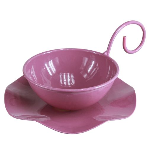 Artikel Metall Deko Tasse mit Unterteller Pink H8cm Ø11,5cm 2St
