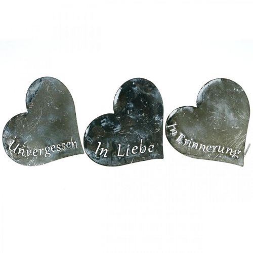 Floristik24 Trauerstecker Herzen “Unvergessen” „In Liebe" “In Erinnerung”, Metalldeko, Silbern 8×7cm 12 St