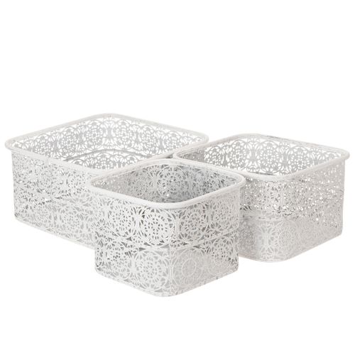 Artikel Metallschalen Spitzenmuster, Dekogefäß Eckig, Shabby Chic, Weiß 27/23/19cm H13,5cm 3er-Set