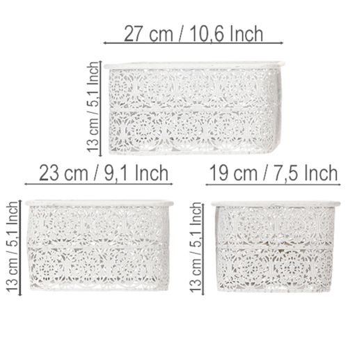 Artikel Metallschalen Spitzenmuster, Dekogefäß Eckig, Shabby Chic, Weiß 27/23/19cm H13,5cm 3er-Set