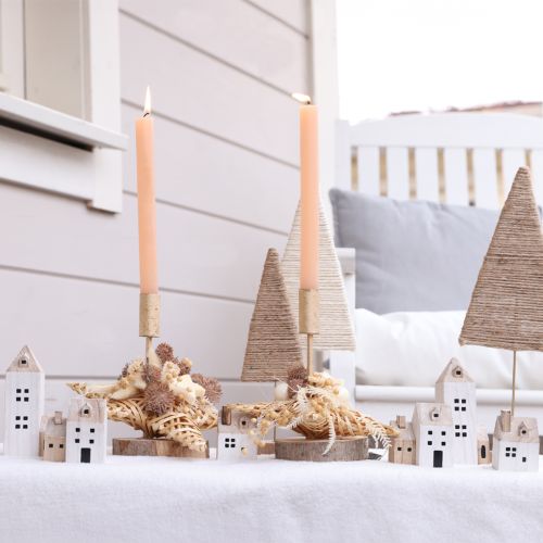 Artikel Mini Weihnachtsdorf Holz Deko Weiß Natur H13/7cm 6 St