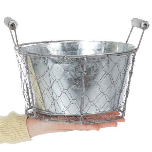 Artikel Pflanzkorb mit Einsatz, Drahtkörbchen, Pflanzgefäß Frühling Silbern, Weiß gewaschen, Shabby Chic Ø22cm H17,5cm