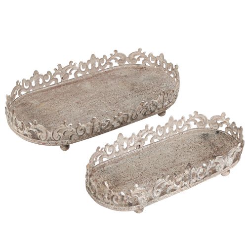 Floristik24 Deko Tablett oval Antik Look Grau Rost 26/21cm Set mit 2St