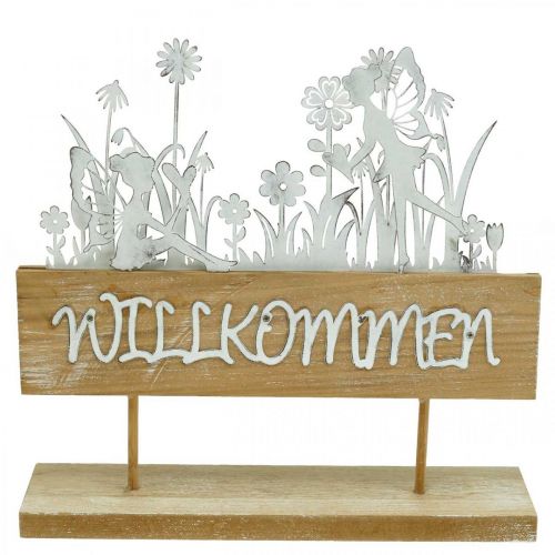Artikel Willkommenschild, Aufsteller mit Elfen, Frühlingsdeko aus Metall, Holz Natur, Weiß L28,5cm H27,5cm