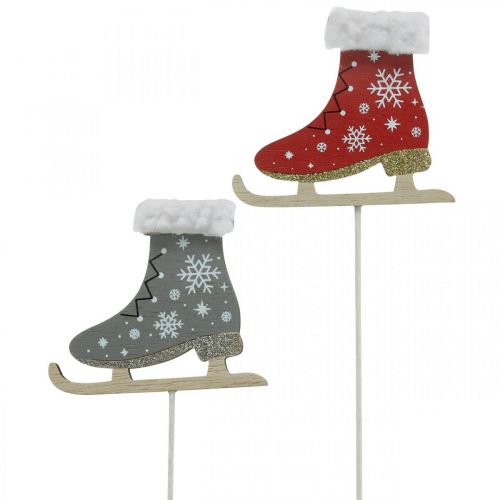 Floristik24 Dekostecker-Schlittschuhe, Weihnachtsdeko, Holzstecker Grau, Rot L32cm 8 St