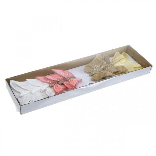 Floristik24 Schmetterlinge mit Glimmer, Hochzeitsdeko, Dekostecker, Federschmetterling Gelb, Beige, Rosa, Weiß 9,5×12,5cm 12 St