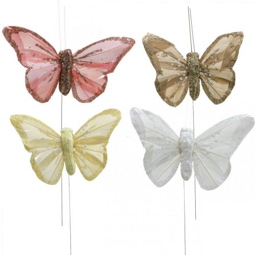 Floristik24 Schmetterlinge mit Glimmer, Hochzeitsdeko, Dekostecker, Federschmetterling Gelb, Beige, Rosa, Weiß 9,5×12,5cm 12 St