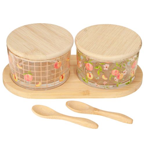 Artikel Tapas Set Pfirsich Marmeladengläser auf Tablett 20×10×6,5cm