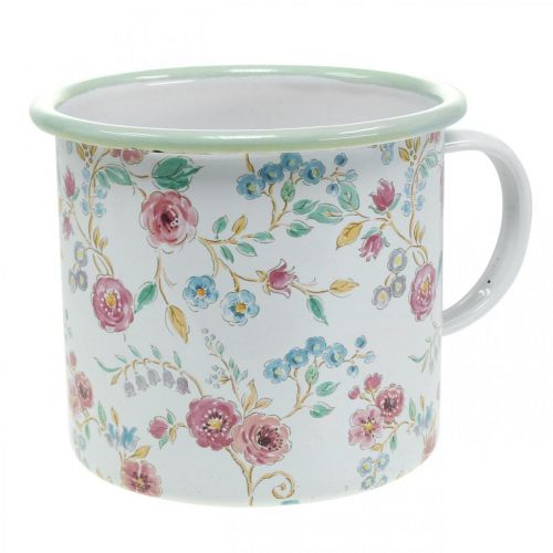 Pflanztasse Rosen Emaille Deko Tasse mit Henkel Weiß Ø9,5cm