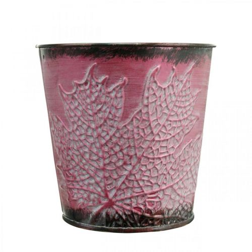 Artikel Übertopf mit Blattdeko, Metallgefäß, Herbst, Pflanztopf Weinrot Ø10cm H10cm