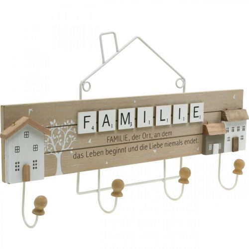 Artikel Garderobe Familie, Wandhaken mit Haus, Holzdeko mit Metallhaken Natur, Weiß L45cm